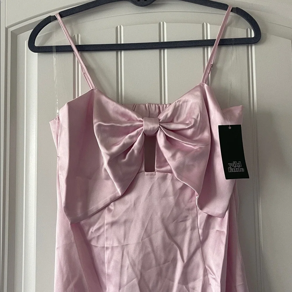 Wild Fable Pink Satin Slip Dress with Front Bow Small NWT‎
